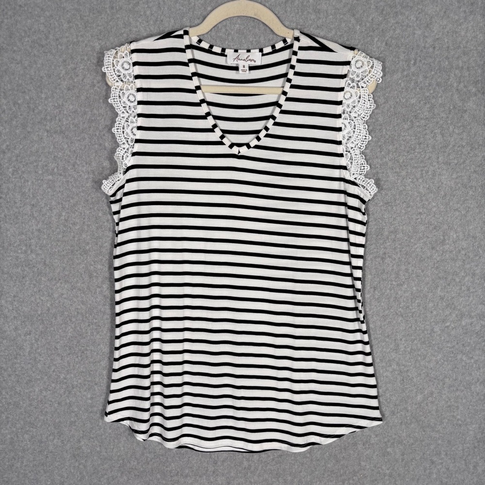 Anneliese Lace Trim Top Medium Black White‎ Striped Feminine Soft Tank Blouse
